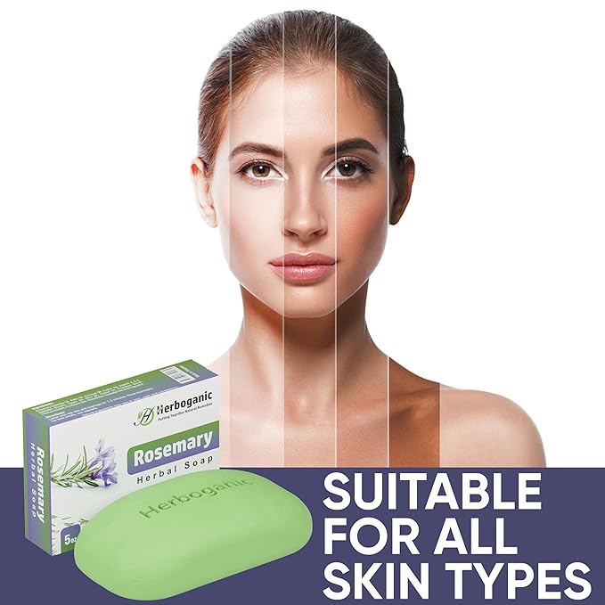 HERBOGANIC Rosemary Herbal Soap | Pack of 6 of 5oz soap Bar | Ideal for Men and Women, Soothing and Nourishing Soap for Moisturization