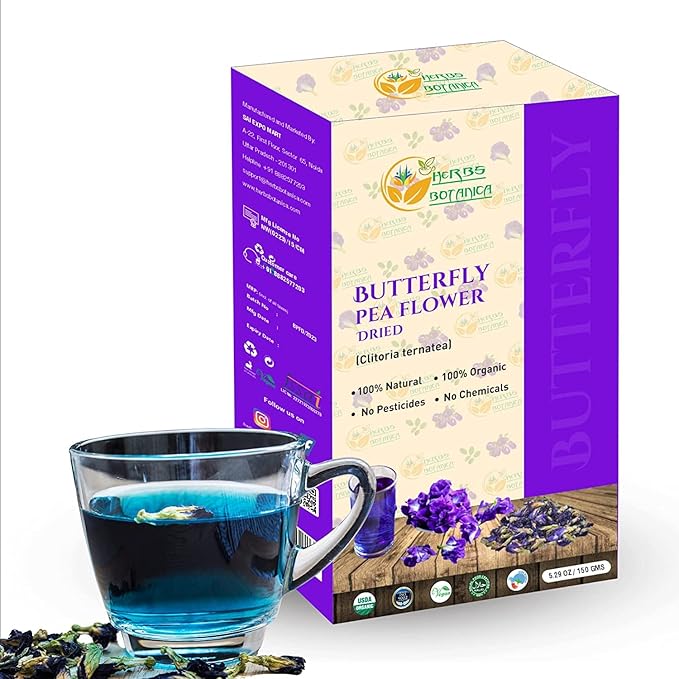 Herbs Botanica Dried Butterfly Pea Flowers For Tea Premium Herbal Tea 100% Clitoria Ternatea Flower Non Toxic, Vegan, Caffiene Free, GMO Free 5.3 oz / 150 gm
