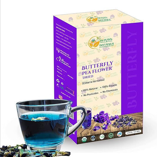 Herbs Botanica Dried Butterfly Pea Flowers For Tea Premium Herbal Tea 100% Clitoria Ternatea Flower Non Toxic, Vegan, Caffiene Free, GMO Free 5.3 oz / 150 gm