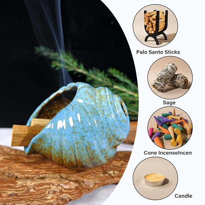 Blue Conch Chiminea Palo Santo Burner - Ceramic Smudging Bowl、Incense Chimney,Works with Sage、Incense Cones,Energy Cleansing-Thoughtful Gifts for Meditation, Altar,Spa,Yoga, Aromatherapy