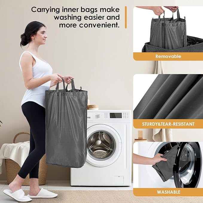 Double Laundry Hamper with Lid, 135L Dirty Clothes Hamper with Removable Bags & Labels, Laundry Basket 2 Section for Separating, Large Laundry Basket for Laundry Room, Bedroom, Dark Grey