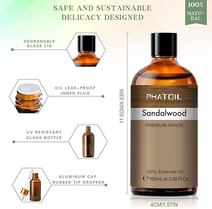 PHATOIL 100ML Sandalwood Essential Oil, Pure Aromatherapy Essential Oils for Diffuser, Humidifier, Relax, Scented Oils for Soap, Candle Making, Huge 3.38fl.oz Bottle