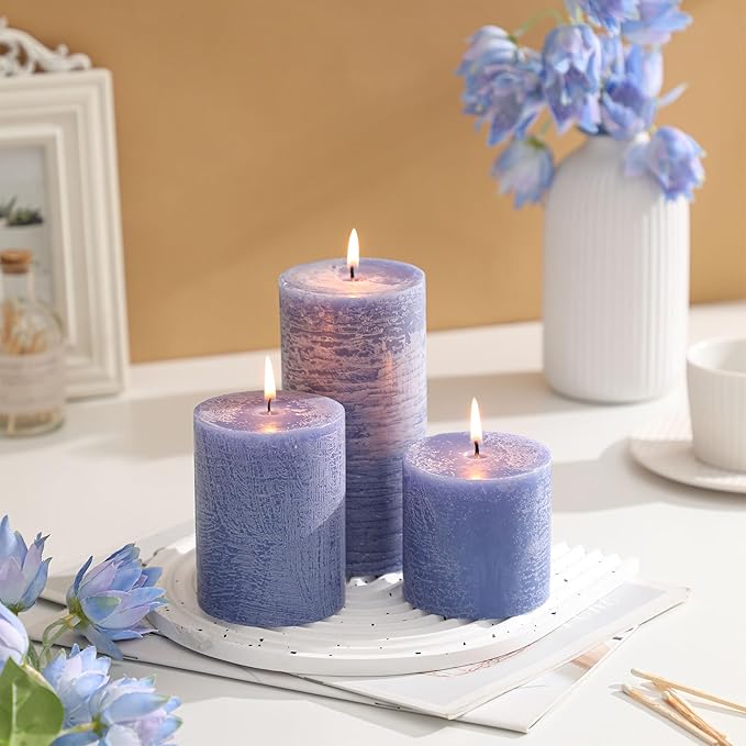 3x4 Inch Blue Pillar Candles Set of 3 - Hand-Poured Unscented Candles, Long Clean Burning, Large Big Candle, Smokeless Dripless Candle for Dinner Table, Wedding, Home, Bathroom, Rustic Decor