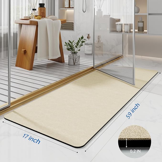 Beige Long Bathroom Mat Rugs 59x17 Long Diatomaceous Earth Bath Mat Large Quick Dry Bath Mat Non Slip Rubber Backed Super Absorbent Shower Mat, Thin Bathroom Runner Rugs Floor Mat Fit Under Door