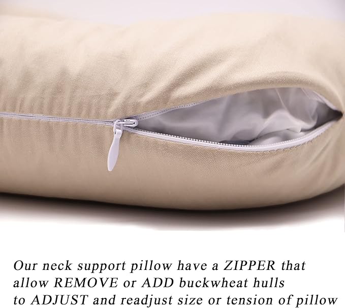 Buckwheat Neck Pillow for Sleeping U Shaped Pillow Cooling Travel Head Support Pillow for Neck Pain Relief Side Sleepers Buckwheat Hulls Concealed Zipper (12x12 inch, Light-tan)