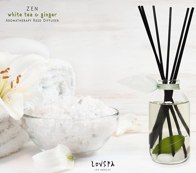 LOVSPA Reed Diffuser Set, Zen White Tea & Ginger Scented Oil Diffuser with Sticks, Home Fragrance Accessories for Bathroom Shelf Decor, Aroma Diffusers for Home or Office Desk, USA Made