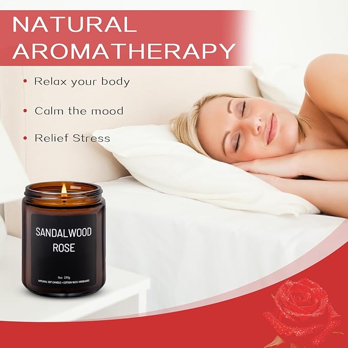 Sandalwood & Rose Scented Candles for Home Scented Aromatherapy Candles, Hand-Poured, 9 OZ, 50H Clean Burn,Soy Wax Candle Gift Set for Women Men