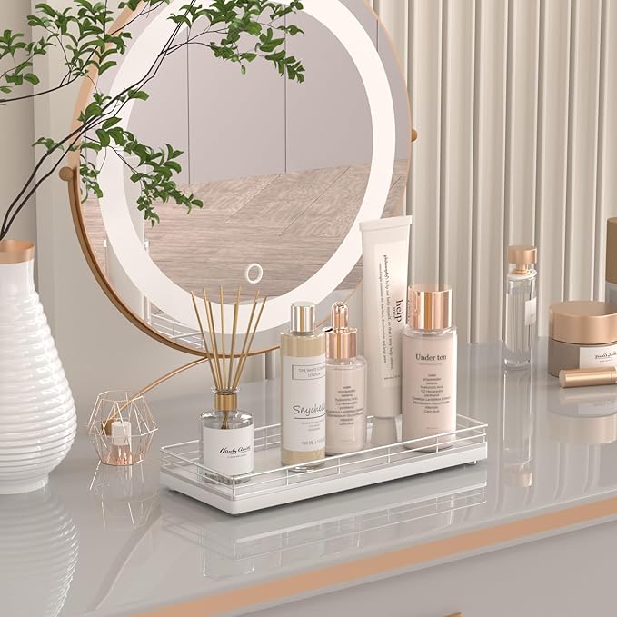 Bathroom Tray for Counter, Oak Wooden 11.2" L Vanity Tray for Jewelry Candle Makeup Perfume, Holder for Coffee Table Decor Bar Silver