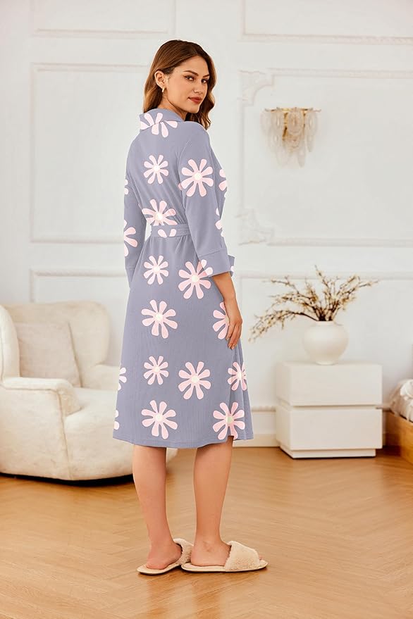 Ekouaer Robes for Women Long Waffle Knit Bathrobe Lightweight Kimono Robe Soft Shawl Collar Spa Robes with Pockets S-XXL