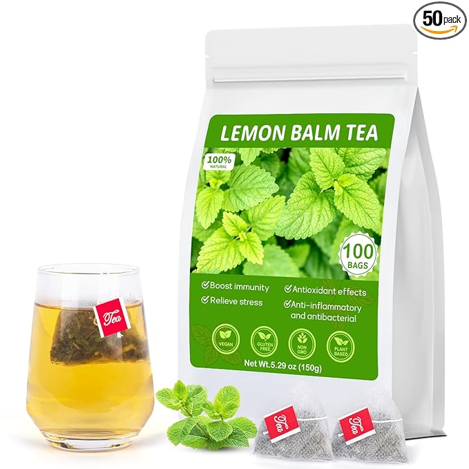 Lemon Balm Tea, 100% Pure & Natural Lemon Balm Leaves Herbal Tea Bags, Promotes Relaxation & Aid In Digestion, Caffeine Free, Non-GMO, Additives Free （1 Pack/100 Bags)