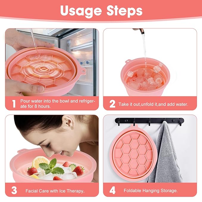Face Bowl for Ice Silicone Facial Bowls with Built - in Tray Foldable Washbasin for Face Tub Plunge & Cold Plunge Quick Skin Cooling in Ice Baths -Bath Spa Tool for Home Camping Travel & Pink
