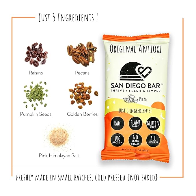San Diego Bar | Raw, Vegan, Gluten & Soy Free Nutrition Meal Bar with No Added Sugars - 10g Protein from Only 5 All Natural Whole Food Ingredients. Pecan + Pumpkin Seeds (2.22 Oz Energy Bars, 4 Pack)