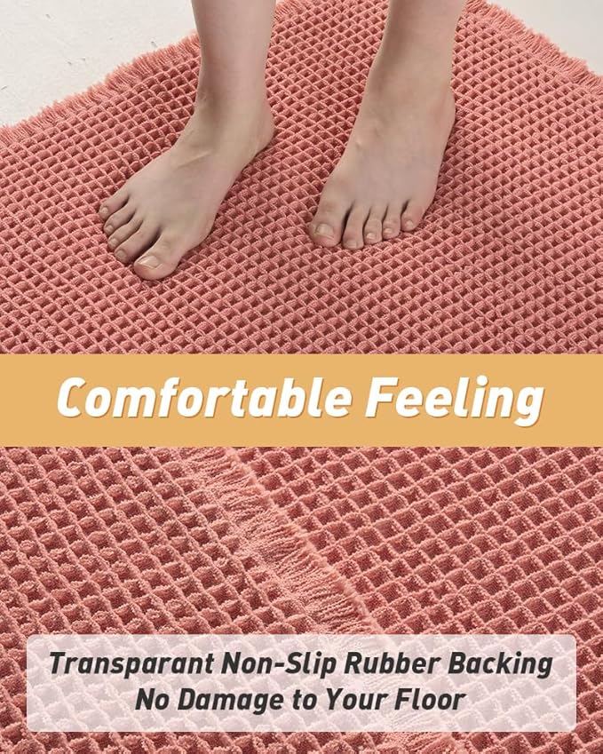 AMOAMI Upgraded Waffle Runner Rug Super Absorbent Non Slip Bath Mats for Bathroom Machine Washable Bathroom Runner Rug with Tassels, Ideal for Hallway Bedroom Laundry Room, 17" x 72", Coral