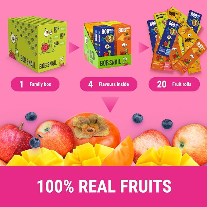 BOB SNAIL Healthy Organic Fruit Snacks for Kids and Adults – 60 Organic Fruit Roll Up with Mango, Apple, Blueberry, Persimmon –Vegan Low-Carb Variety Pack Leather Strips for Kids–Sugar Free Jerky Bar