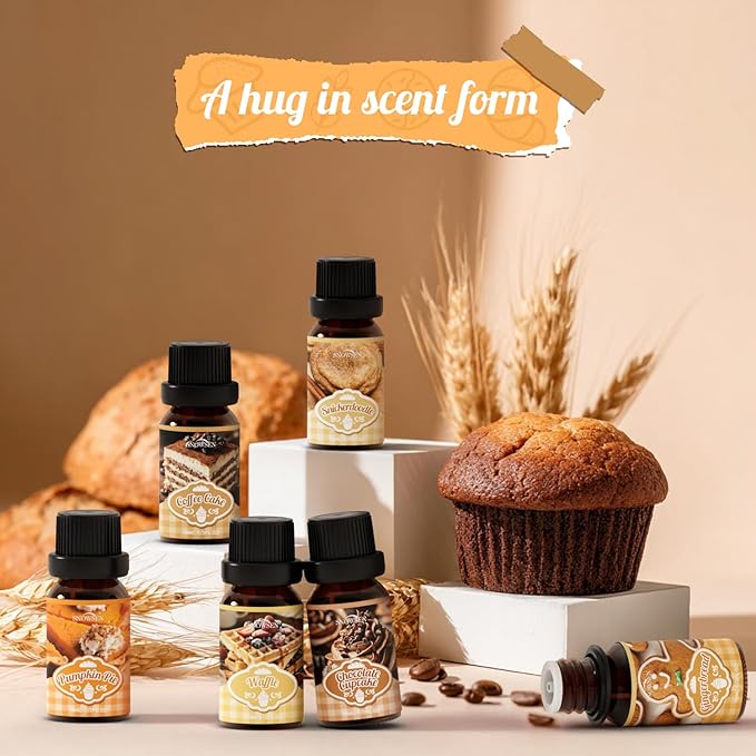 Bakery Essential Oils Gift Set, SNOWSEN Dessert Fragrance Oils for Diffuser for Home, Pumpkin Pie, Waffle, Coffee Cake, Chocolate Cupcake, Gingerbread, Snickerdoodle Aromatherapy Oils