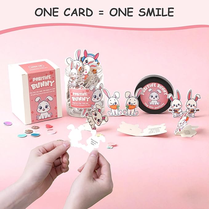 60 Positive Bunny Cards Jar, Emotional Support Bunny Gifts for Women - Daily Affirmation Cards for Women, Positive Affirmations Teen Girl Gifts Trendy Stuff, Gift for Coworkers