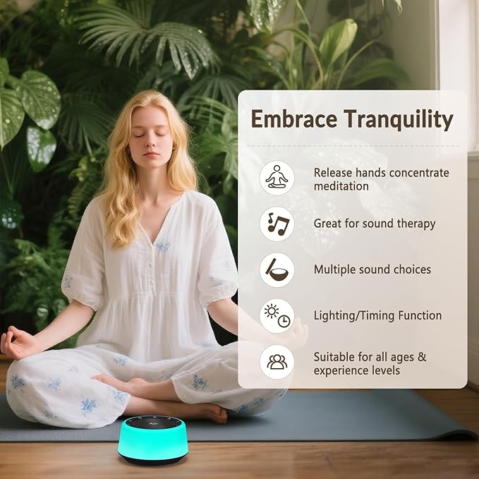 Kipcush Tibetan Singing Bowls Sound Machine - 11 Different Sized Sound Bowls with Night Light for Yoga, Meditation, Mindfulness, Healing, Chakra Healing and Stress Relief, Timer, Plug in (Black)