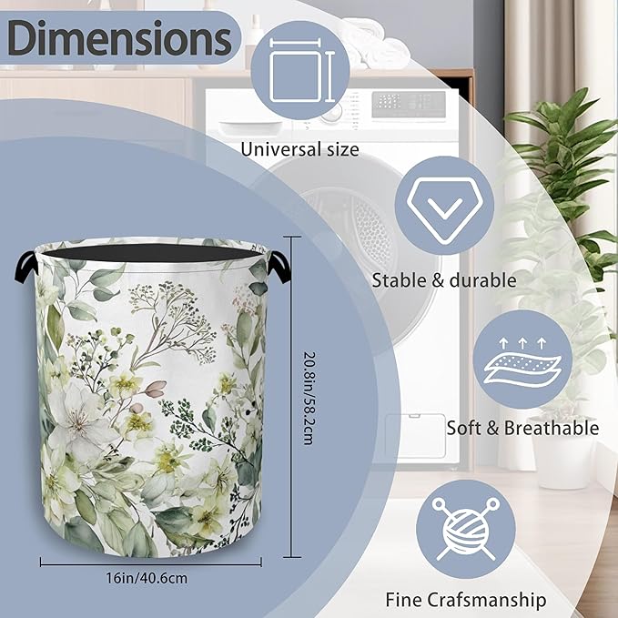 Flowers Plants HerbsLaundry Hamper,Dirty Clothes Laundry Basket with Handles Waterproof Oxford Cloth Storage Basket for College Dorms Bathroom Bedroom 16" x 20.8"