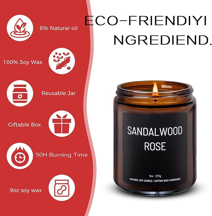Sandalwood & Rose Scented Candles for Home Scented Aromatherapy Candles, Hand-Poured, 9 OZ, 50H Clean Burn,Soy Wax Candle Gift Set for Women Men
