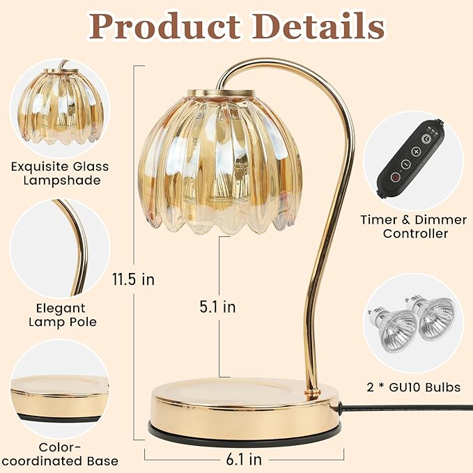 Flower Candle Warmer Lamp with Timer & Dimmer, Aromatherapy Candle Lamp for Scented Candles, Modern Amber Glass Candle Lamp Warmer, for Her, Home Bedroom Decor
