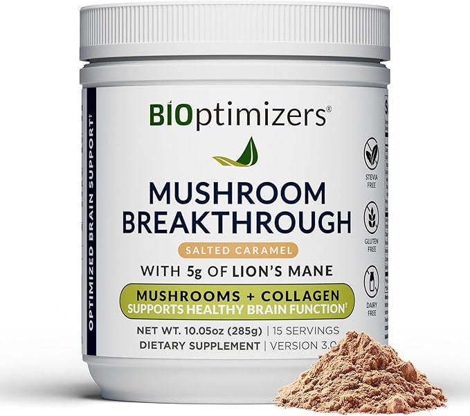 BIOptimizers Mushroom Coffee Alternative – Salted Caramel Drink – Lion’s Mane, Chaga, Reishi + Collagen Peptides for Focus, Energy & Gut Health – Adaptogenic Mushrooms & MCT Powder – 15 Servings