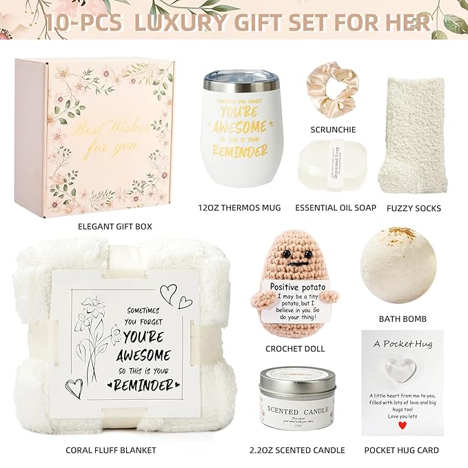 Self Care Gift Basket for Women, Luxury Spa Gift Basket with Blanket, Vanilla Coconut Self Care Set, Friendship Birthday Box for Mom, Sister, Wife, Best Friend, Coworker(White)