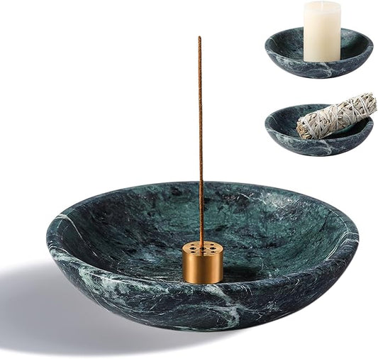 Koville Natural Marble Incense Holder, Incense Holder for Sticks with 9 Holes, Handmade Incense Burner Ash Catcher for Meditation Yoga SPA, Balsam Fir/Palo Santo/Sage/Cone (Green)