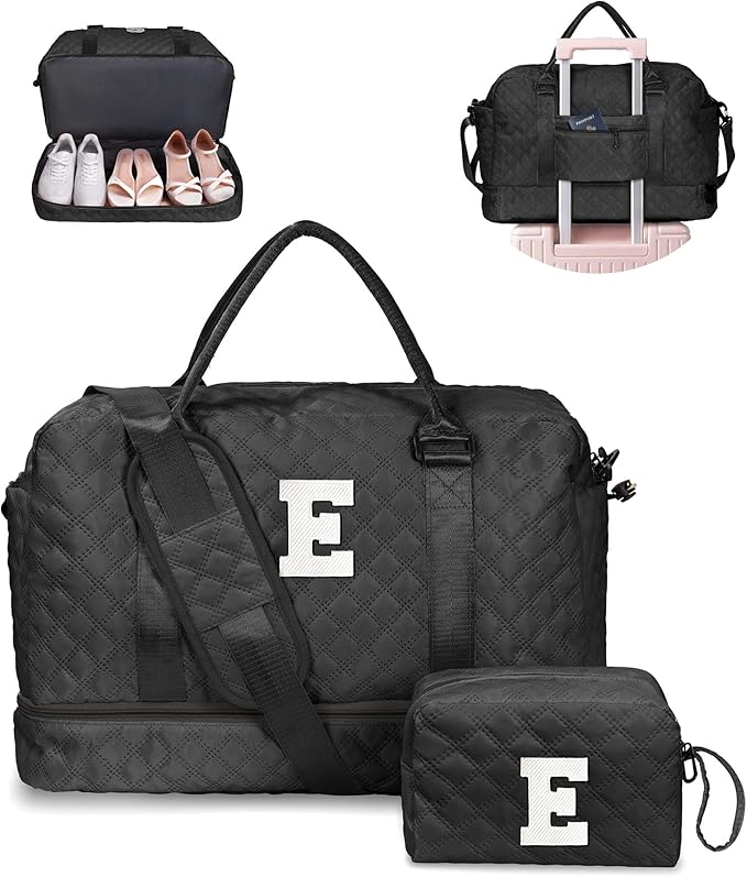 Initial Duffle Bag with Shoe Compartment, Personalized Weekender Bag with Shoulder Strap, Overnight Bag for Women with Trolley Sleeve & Wet Pocket, Travel Bag with Makeup Bag (Letter E)