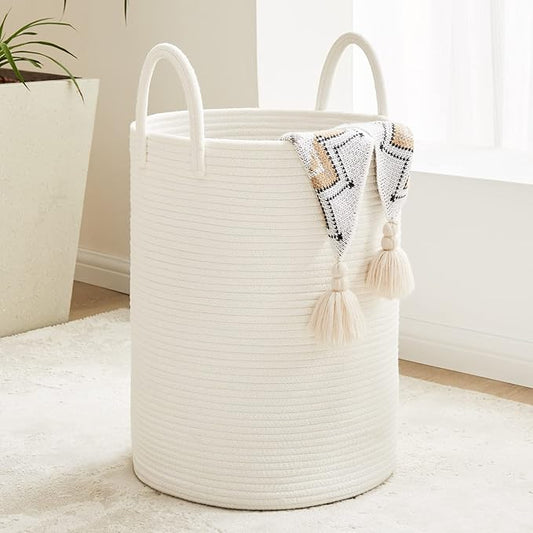 Fiona's magic 72L Large Woven Laundry Hamper, Tall Cotton Rope Storage Basket, Jute Baby Nursery Hamper for Blankets, Toys and Clothes in Bedroom and Living Room Organizing, White