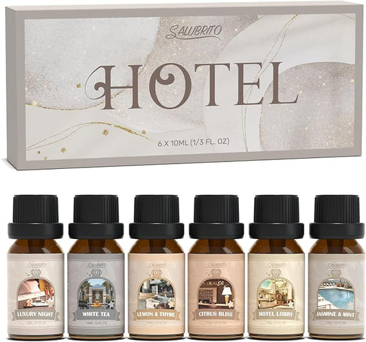 SALUBRITO Hotel Fragrance Oil Set, Luxury Essential Oil Set for Diffuser, Candle, Soap Making Scents, Luxury Night, White Tea, Lemon & Thyme, Citrus Bliss, Hotel Lobby, Jasmine & Mint, Strong Scented