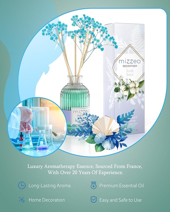 MIZZEO Reed Diffuser Set, Clean Linen 6.76 fl oz Highly Scented Room Diffuser Home Fragrance Essential Oil Reed Flower Diffuser, House Bedroom Office Decor & Gifts