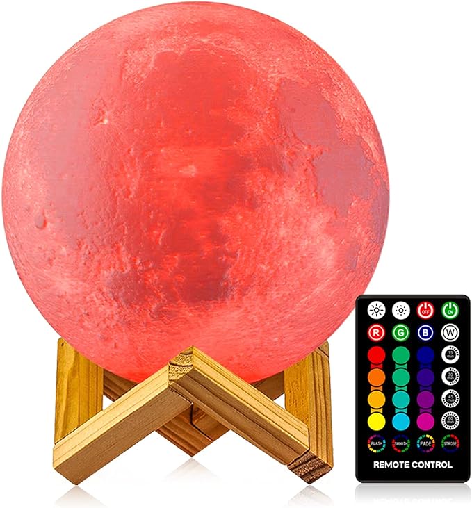 LOGROTATE Moon Lamp 16 Colors, Dimmable, Rechargeable Lunar Night Light (5.9 inch) Full Set with Wooden Stand, Remote & Touch Control - Cool Nursery Decor for Baby Kids Bedroom, Birthday Day Gifts