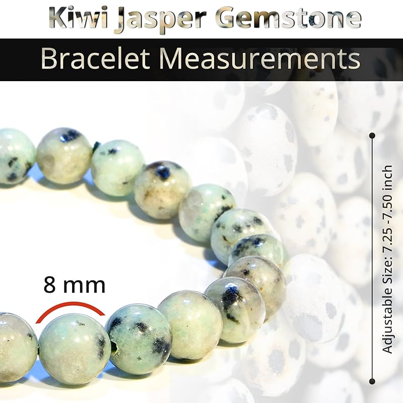 Kiwi Jasper Bracelet, Natural Healing Crystal Bracelet for Women and Men, 8mm Round Beaded Bracelet for Spiritual, Protection, Positive Energy, Elastic Adjustable Size Gemstone Bead Bracelet