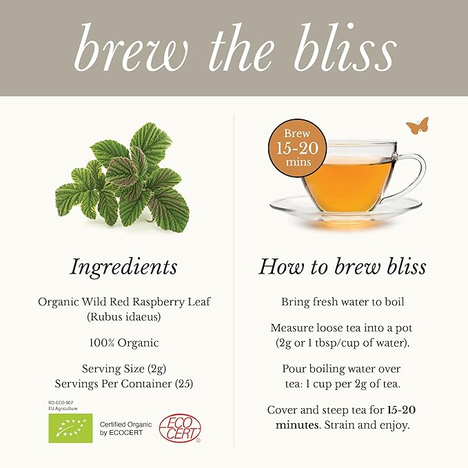 Wild Bliss Organic Red Raspberry Leaf Tea Pregnancy and Menstrual Support - Loose Leaf Herbal Tea - 1.76 Oz - 25 Servings