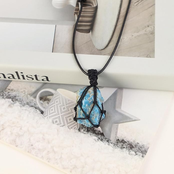 Handmade Natural Gemstone Crystal Pendant Necklace Stone Holder Necklace Cord Net Necklace with Adjustable Length for Women Men