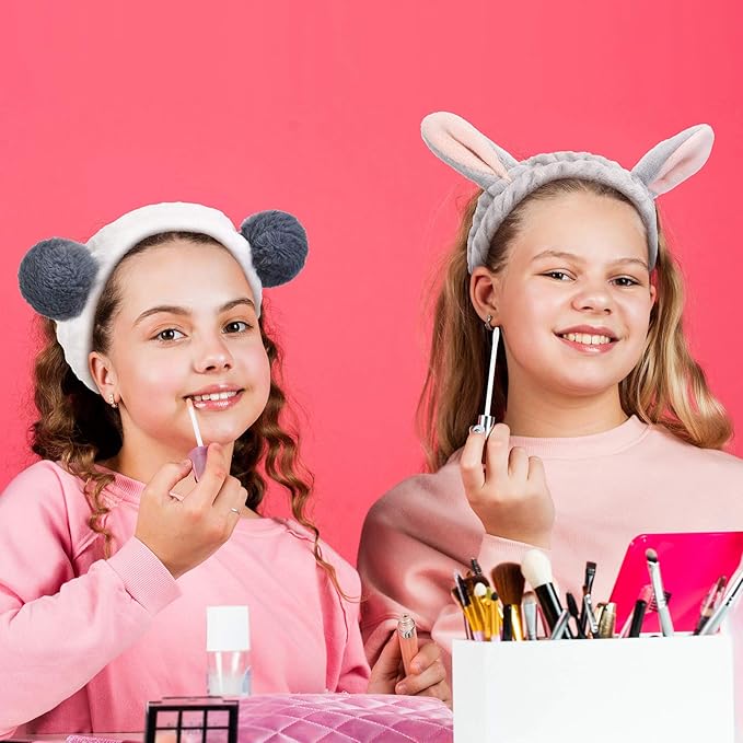 Chuangdi 4 Pcs Animals Ears Headbands Cute Face Washing Spa Fuzzy Headband for Women Elastic Turban Hair Bands Shower Head Wraps Facial Headband for Cosplay Party