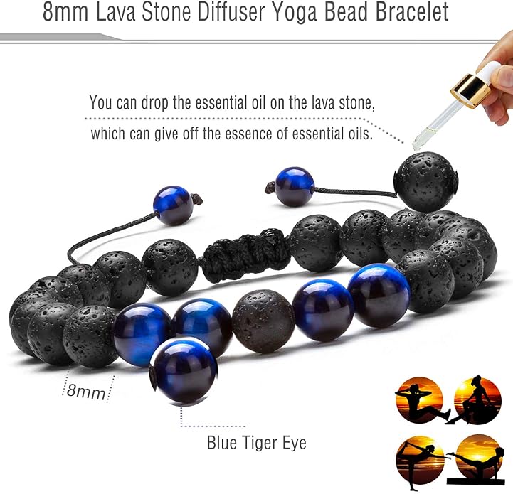 Hamoery Men Women 8mm Lava Rock Aromatherapy Anxiety Essential Oil Diffuser Bracelet Braided Rope Natural Stone Yoga Gifts Beads Bracelet Bangle-21017