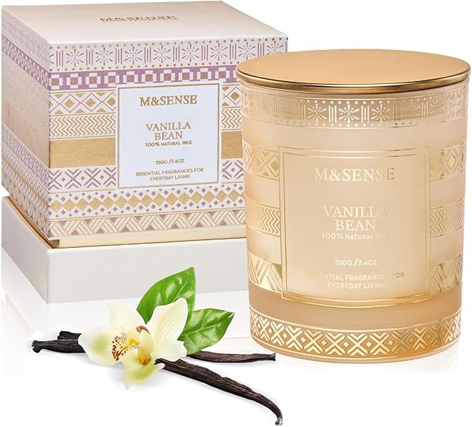 M&SENSE Vanilla Bean Scented Candles for Christmas Thanksgiving Gift Set, House Warming Gifts New Home, 7.4 oz 45 Hours Slow Burning, Natural Soy Candle for Home Scented