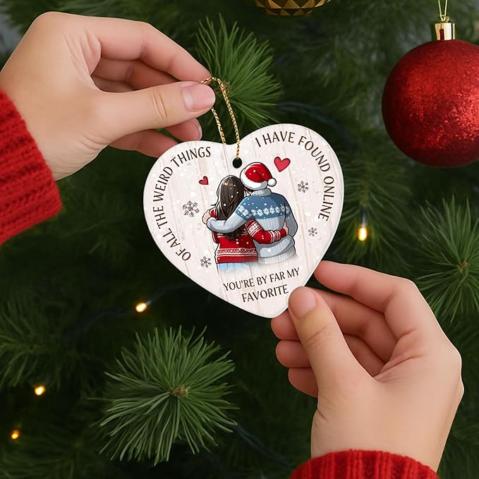 34HD Couple Gifts for Christmas, Couple Ornament for Christmas Tree Ceramic 2 Side Printed, Soulmate Partners Together Decor, Xmas Birthday Gifts for Him, Her