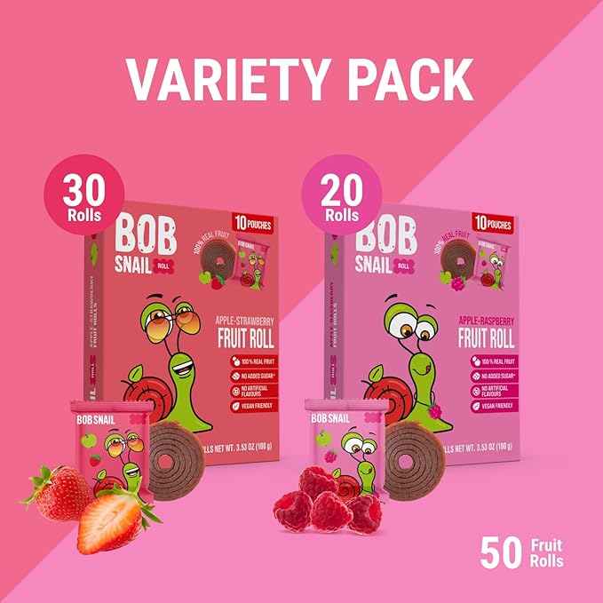 Bob Snail Exotic Mix Fruit Roll Ups – Healthy Sweets, Real Dried Fruits Snacks, No Added Sugar, Vegan, Nut Free, Candy for Adults and Kids – Flavour 50 pcs, 500g (SStrawberry & Raspberry)