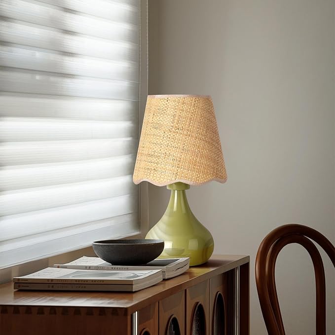 Green Cute Small Boho Table Lamp for Bedroom Bedside, Green Bedroom Lamps for Nightstand, Small Scalloped Rattan Shade Table Lamps for Small Spaces for Bedroom, Home Office, Living Room, Kids Dorm