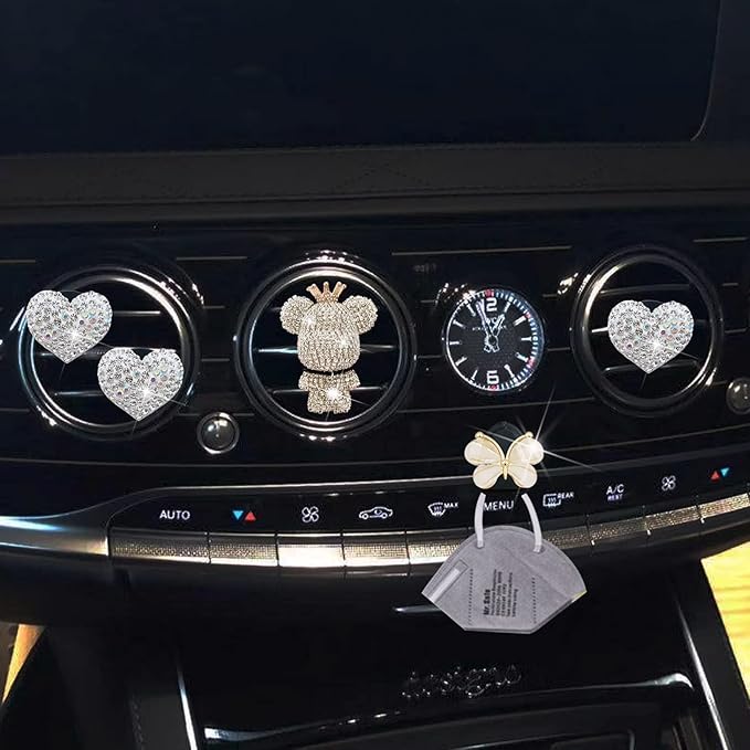 Heart & Bear 4 Pcs Bling Heart Air Vent Clips, Diamond Car Diffuser, Car Interior Decor + Cute Butterfly Mask Hook