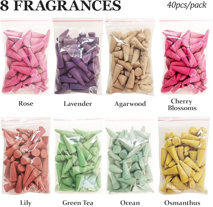 Incense Cones， 8 Mixed (320 Cones Total) Cone Incense Scents, and A Ceramic Incense Burner. Natural Scent Cone， for Meditation, Yoga, Purification, and Aromatherapy.