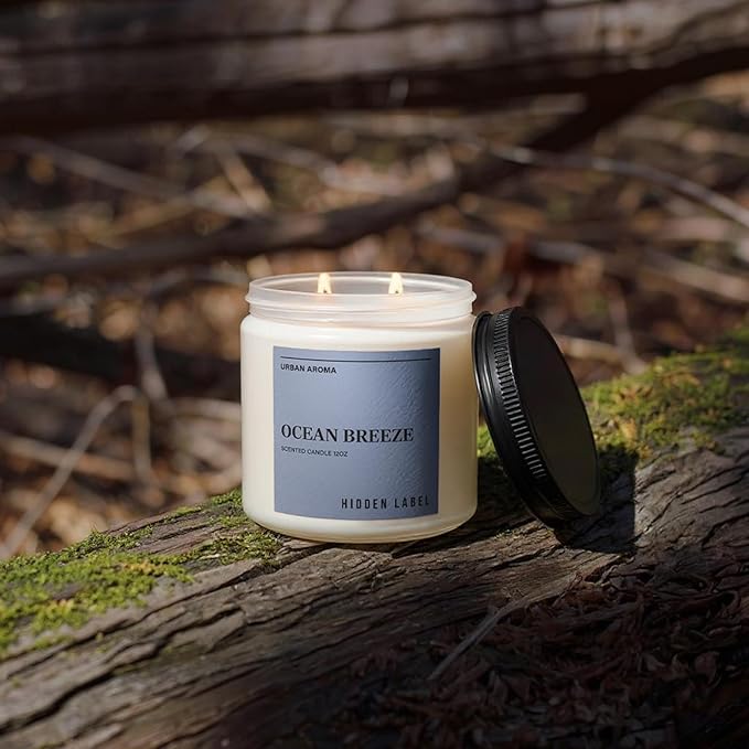 Hidden Label Ocean Breeze Scented Candle, 12oz 2 Wick Natural Soy Non Toxic Candles, Clean Burning Long Lasting Aromatherapy for Home | Gifts | Décor,Premium Scents for Relaxation & Stress Relief