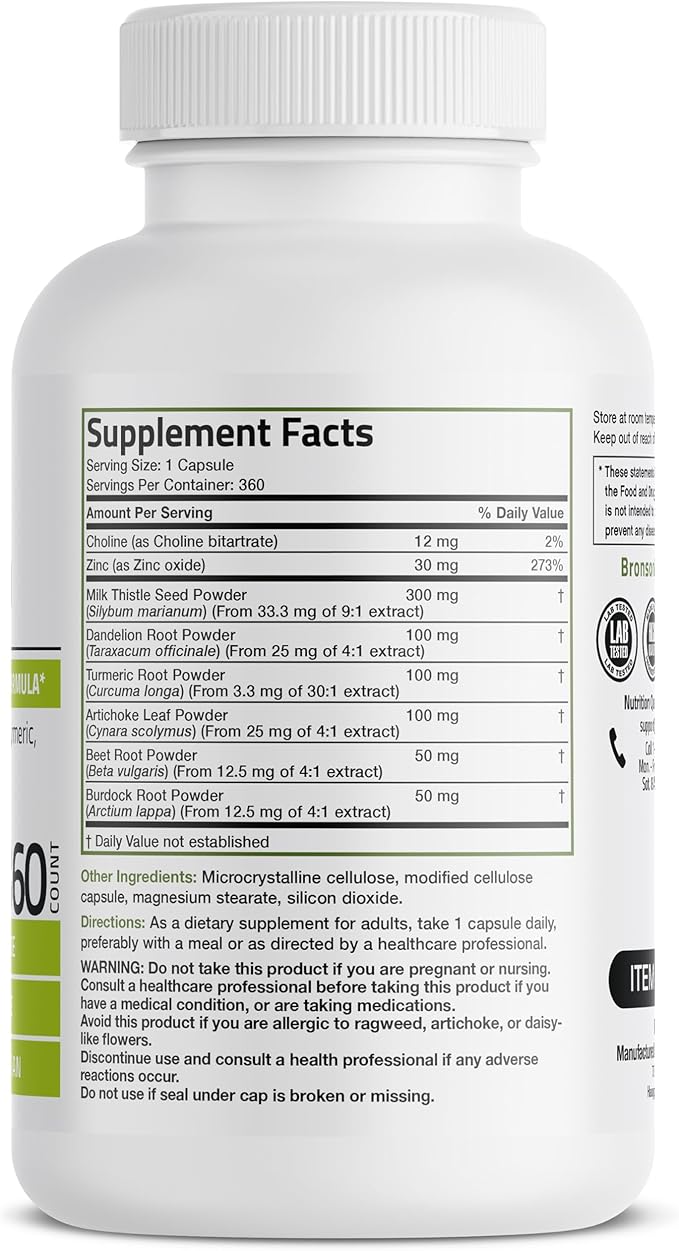 Bronson Liver Detox Advanced Detox & Cleansing Formula Supports Health Liver Function with Milk Thistle, Dandelion Root, Turmeric, Artichoke Leaf & More, Non-GMO, 360 Vegetarian Capsules
