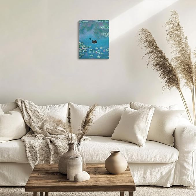 HZMLYDJ Cute Cat Wall Art Funny Cat in Water Lilies Posters Vintage Canvas Wall Art for Room Bedroom Living Room Bathroom Decor Aesthetic, Trendy Paintings Aesthetic Cats Lovers Decoration