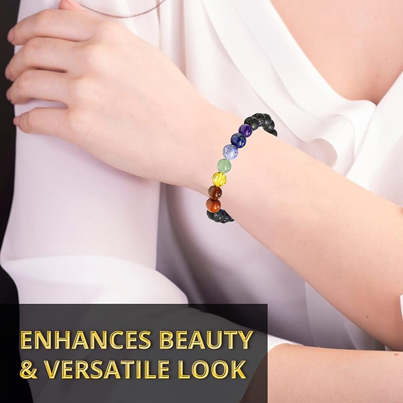 Lava Rock 7 Chakra Bracelet, Natural Healing Crystal Bracelet for Women and Men, 8mm Round Beaded Bracelet for Spiritual, Protection, Positive Energy, Elastic Adjustable Size Gemstone Bead Bracelet