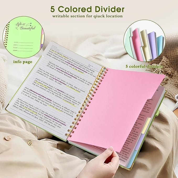 Hardcover Spiral Notebooks for Work, 5 Subject Notebook College Ruled with Dividers Tabs, Lined Organizer Notebook Journal for Women, 240 Pages Small A5 Notebooks for School Note Taking, 5x7 Green