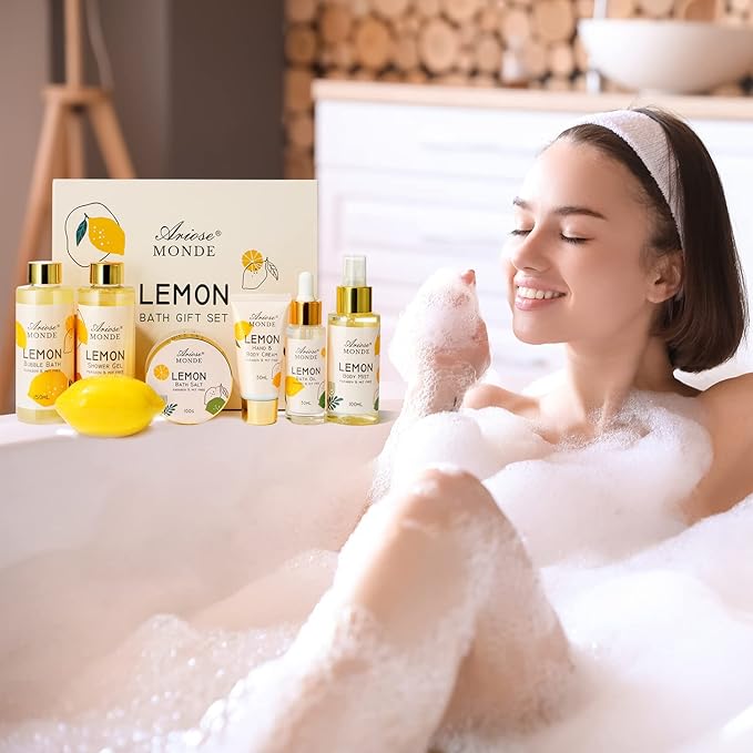 Lemon Scent Bath Spa Gift Box Set for Women - Shower Gel, Bubble Bath, Body Cream, Soap, Salt, Essential Oil
