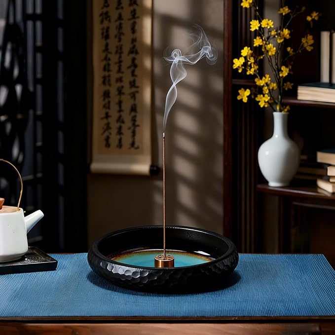 Ceramic Incense Burner,Handmade Incense Stick Incense Burner Reflux Burner,Sage, Coil Incense, Ash Catcher, Smudge Bowl for Yoga Meditation Room Décor,Crack Blue